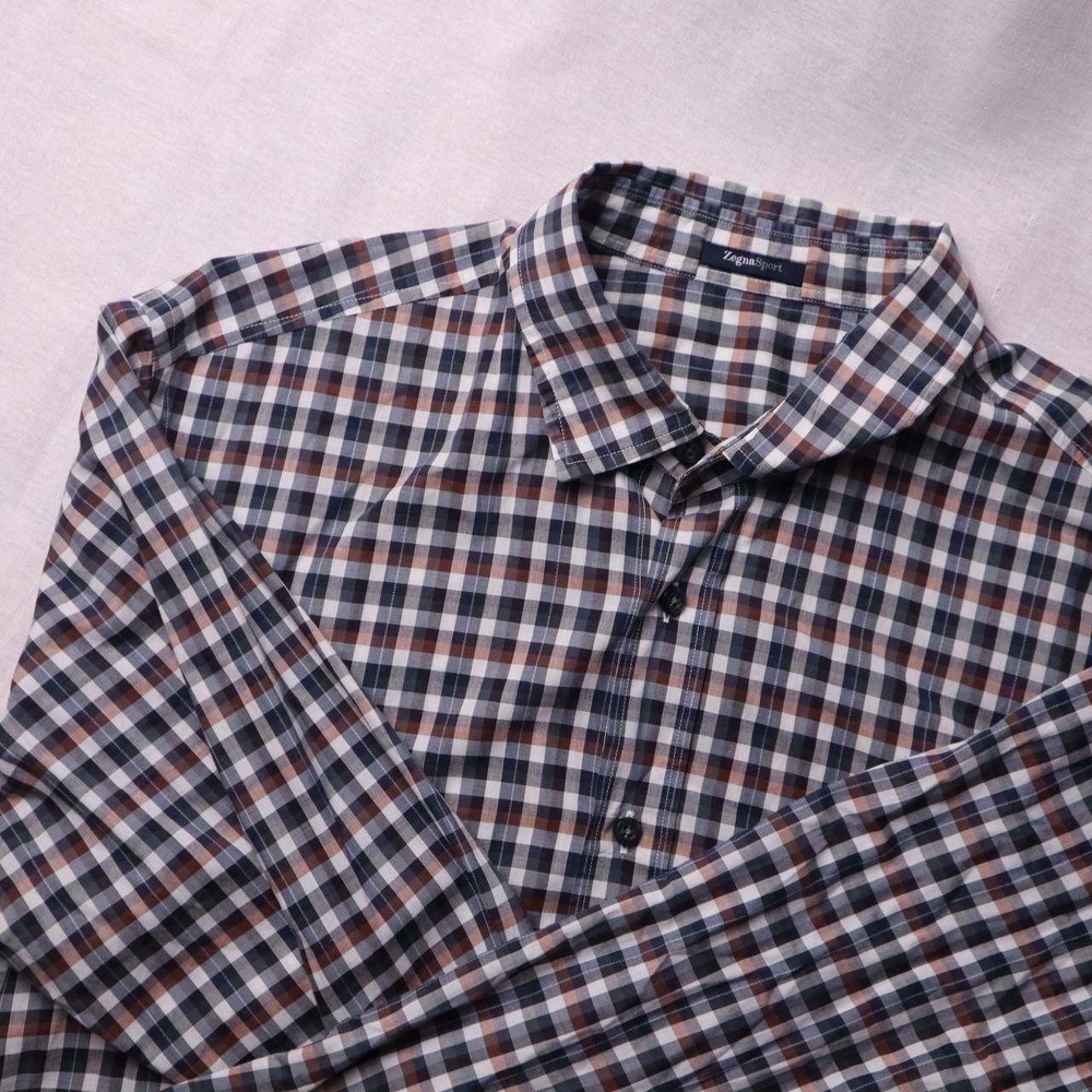 Zegna Sport Mens Checked Button‎ Down Shirt Tapered Fit Navy Brown White Large L